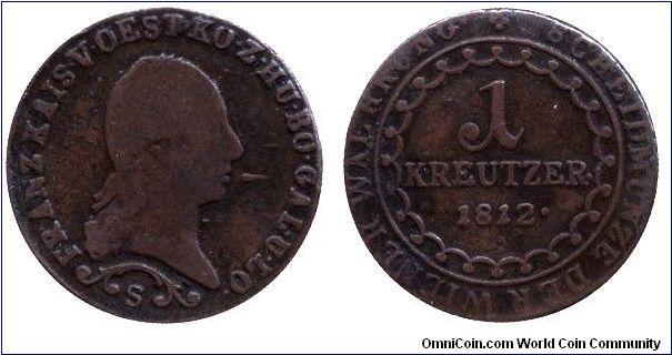 Austria, 1 kreutzer, 1812, Cu, MM: S (Szomolnok, then in Hungary), Emperor Franz I.                                                                                                                                                                                                                                                                                                                                                                                                                                 