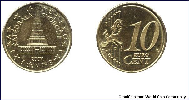Slovenia, 10 cents, 2007, Cu-Al-Zn-Sn, Plecnik's project of Slovenia's parliament.                                                                                                                                                                                                                                                                                                                                                                                                                                  