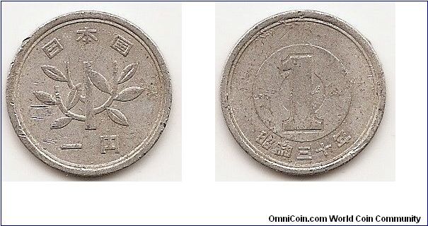 1 Yen-Yr.30-
Y#74
1.0000 g., Aluminum, 20 mm. Ruler: Hirohito (Showa) Obv:
Sprouting branch in center, authority on top, value and denomination
on bottom Rev: Numeral 1 within 2 inner circles, date on bottom