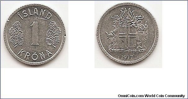 1 Krona
KM#23
0.5650 g., Aluminum, 16.01 mm. Obv: Leaves flank
denomination Rev: Arms with supporters Edge: Reeded