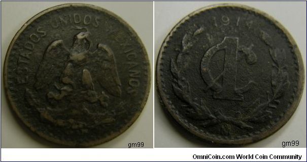 Centavo
Bronze,20mm, Obverse: National arms Reverse: Value below date: 1914 within wreath. NOTE: Mint Mark-Mo,(Mexico)Wide and narrow dates.