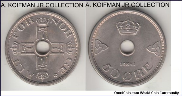 KM-386, 1941 Norway 50 ore; copper nickel, plain edge; Haakon VII, nice UNC condition.