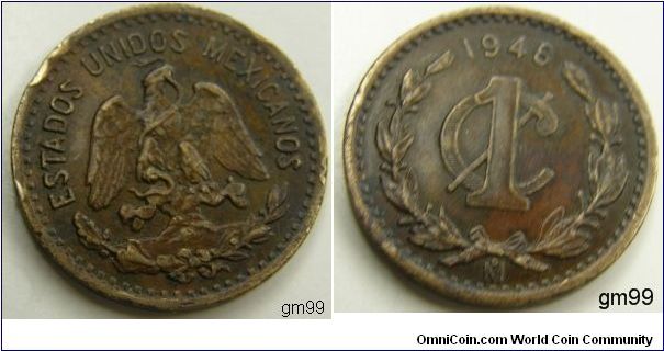 Centavo,
Bronze, 20mm, Obverse National arms Reverse: Value below date; 1948 within wreath NOTE: mint mark Mo(Mexico)