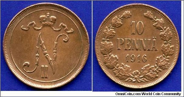 10 pennia.
Nikolaus II (1894-1917).
Grand Duchy of Finland.


Cu.