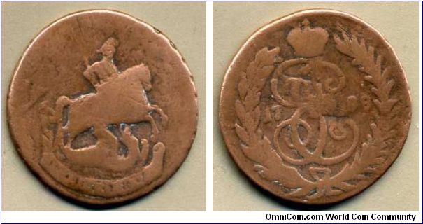 1 kopeyka.
Ekaterina II 1762-1796.





Cu.