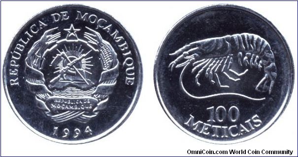 Mozambique, 100 meticals, 1994, Ni-Steel, Tiger prawn.                                                                                                                                                                                                                                                                                                                                                                                                                                                              