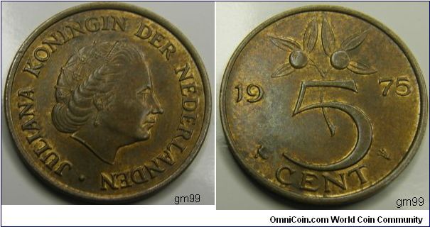 5 Cents (Bronze) 
Obverse: Queen Juliana right,
JULIANA KONINGIN DER NEDERLANDEN
Reverse: Two flowers above 5,
date 1975, 5 CENTS