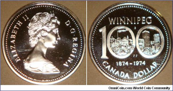 Canada, 1 dollar, 1974 The 100th anniversary of the city of Winnipeg, Manitoba, silver dollar