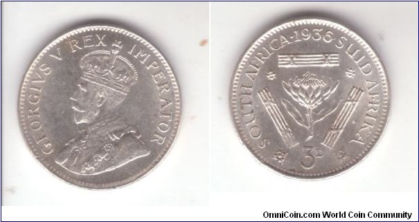 KM-15.2, 1936 George V South Africa 3 pence in very nice condition.