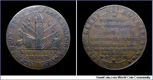 2 Sols French token (Clemanson et C.ie) - Mm. 32 - Copper