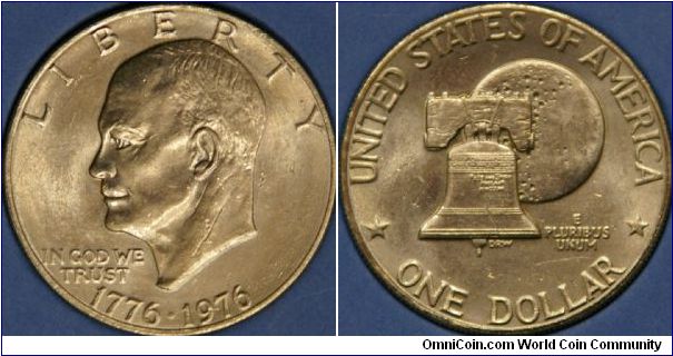 Bicentennial issue of the Eisenhower dollar showing the liberty bell over the moon
