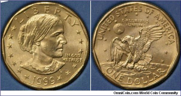 Reissue of the Anthony dollar.  After 18 years with no US dollar coin, the Anthony was issued one more year before switching over to the 'gold' dollar.  One improvement is the larger mint mark.
