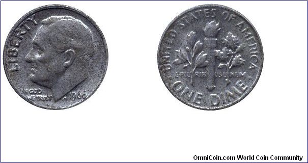 USA, 1 dime (ten cents), 1966, Cu-Ni, Roosevelt.                                                                                                                                                                                                                                                                                                                                                                                                                                                                    