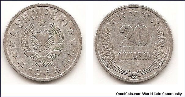 20 Qindarka
KM#41
1.5000 g., Aluminum, 22 mm. Obv: National Arms, date below
Rev: Five stars across top, value at center between wheat