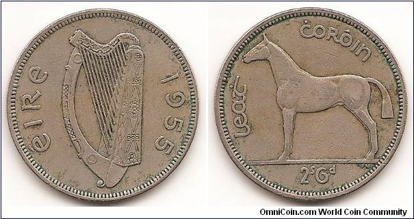 1/2 Crown
KM#16a
14.1600 g., Copper-Nickel, 32.3 mm. Obv: Irish harp Obv. Legend: EIRE (Ireland) Rev: Horse Edge: Reeded Designer: Percy Metcalfe Note: Normal spacing between O and I on “COROIN”, 7 tufts in horse's tail, with 151 beads in border.