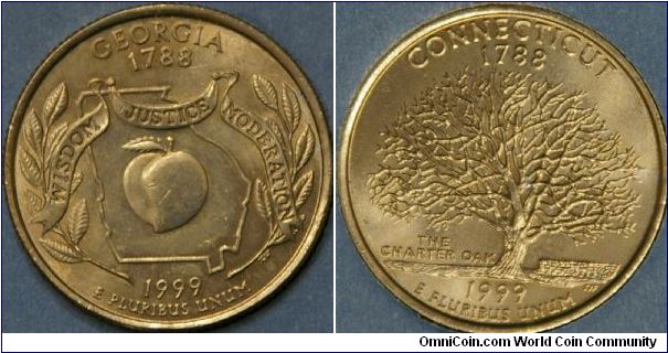 Georgia,4th state.  Depicting an outline of the state, a peach, live oak sprigs, and state motto.
Connecticut, 5th state.  Depicting the 'charter oak', where  Connecticut's Charter was hid from the British in 1687.  (ref. www.usmint.gov)