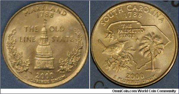 Maryland, 7th state.  Depicting the dome of the state capitol built in 1772, served as nation's capitol as well in 1783.  Also depicts white oak leaf clusters, and state nickname for its 'troops of the line'.
South Carolina, 8th state.  Depicting outline of the state, Carolina wren, Yellow Jessamine, Palmetto Tree, and nickname.  (ref. usmint.gov)