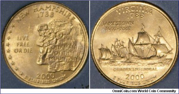 New Hampshire, 9th state.  Depicting a famous natural formation that crumbled recently, state motto, and 9 stars for it being the 9th state to ratify the constitution.  
Virginia, 10th state.  Depicting the three ships sent to establish the first permanent English settlement in the new world.  (ref. usmint.gov)