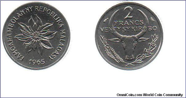 1965 Malagasy Republic 2 Francs