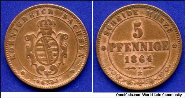 5 pfennige.
Kingdom of Saxony.
Johann (1854-1873).


Cu.