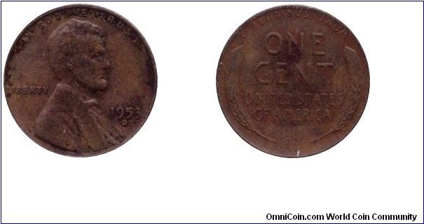 USA, 1 cent, 1953, Bronze, MM: D, Lincoln.                                                                                                                                                                                                                                                                                                                                                                                                                                                                          