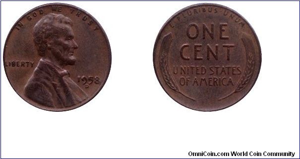 USA, 1 cent, 1958, Bronze, MM: D, Lincoln.                                                                                                                                                                                                                                                                                                                                                                                                                                                                          