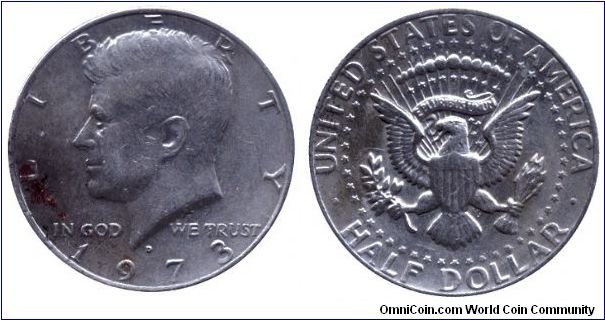 USA, 1/2 dollar, 1973, Cu-Ni, J. F. Kennedy.                                                                                                                                                                                                                                                                                                                                                                                                                                                                        