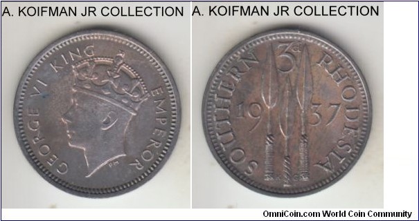 KM-9, 1937 Southern Rhodesia 3 pence; silver, plain edge; first coronation year of George VI, one year type replaced due to quickly wearable obverse design, extra fine details - despite splotchy toning this is actually a high grade coin, as evidenced by almost no wear at the spear handles and blade middle edge and all 4 indentations on the crown's band are visible.