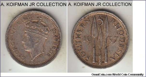 KM-9, 1937 Southern Rhodesia 3 pence; silver, plain edge; first coronation year of George VI, one year type replaced due to quickly wearable obverse design, good very fine or so - crown band is not worn, but spear handles and raised edges are.