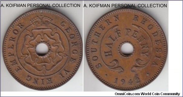 KM-14a, 1942 Southern Rhodesia half penny; bronze, plain edge; good extra fine or better condition, smaller mintage that year.