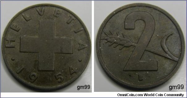 2 Rappen (Bronze) Obverse; Cross with legend around
HELVETIA date 1954
Reverse; Value with single plant stalk behind 2