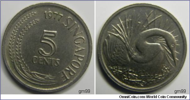 5 Cents (Copper-Nickel) Obverse; Sprigs to left of value,
date SINGAPORE 5 CENTS
Reverse; Great White Egret,
 No legend