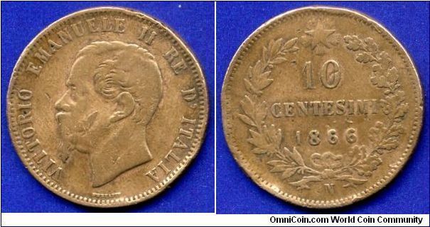 10 centesimi.
Vittorio Emanuele II (1861-1878).
(N) Naples mint.


Cu.