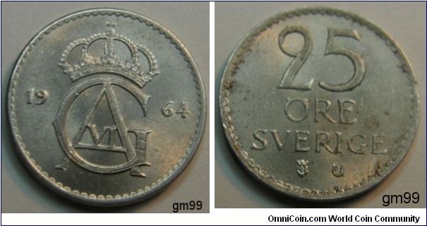 25 Ore (Copper-Nickel) Obverse; date with crowned monogram in between,
date CVI (monogram)
Reverse;
 Legend, beaded border,
25 ORE SVERIGE