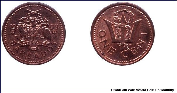 Barbados, 1 cent, 1993, Cu-Zn, Trident.                                                                                                                                                                                                                                                                                                                                                                                                                                                                             