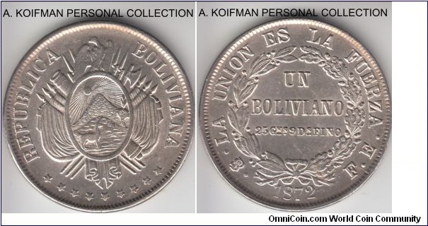 KM-160.1, 1872 Bolivia boliviano, Potosi mint mark (PTS i nmonogram), FE essayer initials; silver, reeded edge; bright white uncirculated specimen, a small toning spot on reverse.