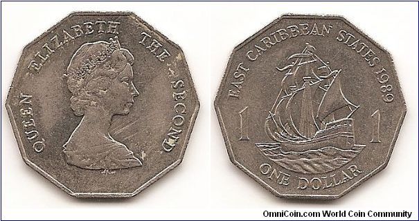 1 Dollar
KM#20
7.9300 g., Copper-Nickel, 27.5 mm. Ruler: Elizabeth II Obv:
Young bust right Rev: Sir Francis Drake's Golden Hind divides
denomination, date at right Note: Prev. KM#11.