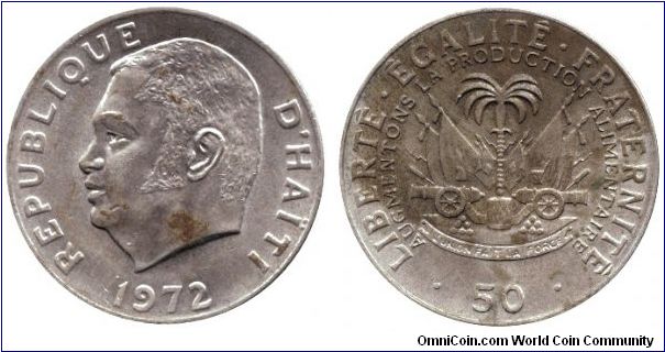 Haiti, 50 centimes, 1972, Cu-Ni, President Jean-Claude Duvalier, FAO issue.                                                                                                                                                                                                                                                                                                                                                                                                                                         