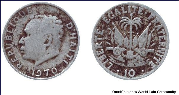 Haiti, 10 centimes, 1970, Cu-Ni, President Francois Duvalier.                                                                                                                                                                                                                                                                                                                                                                                                                                                       