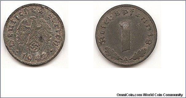 1 Reichspfennig- Third Reich-
KM#97
1.8100 g., Zinc, 17 mm. Obv: Imperial eagle above swastika
within wreath Rev: Denomination, oak leaves below