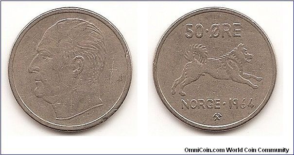 50 Ore
KM#408
4.8000 g., Copper-Nickel, 22 mm. Ruler: Olav V Obv: Head left
Rev: Dog right divides date and value