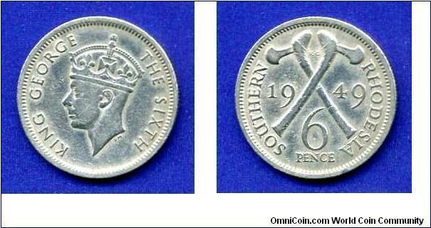 6 pence.
Southern Rhodesia.
George VI (1936-1952) King.


Cu-Ni.