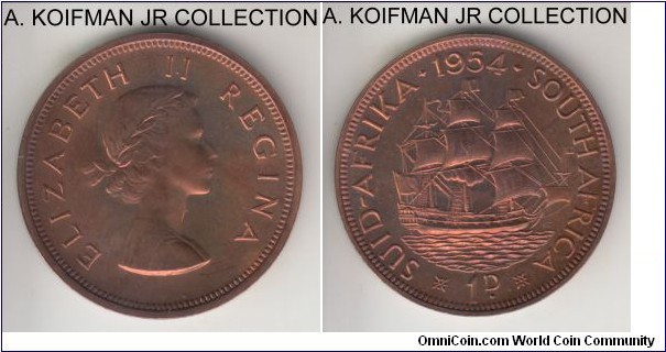 KM-46, 1954 South Africa penny (Dominion); proof, bronze, plain edge; Elizabeth II, mintage 3,150 in proof sets, red brown uncirculated.