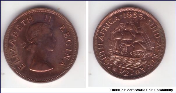 KM-45, 1955 proof half penny; some light toning here as well but overall nice coin with a lot of red luster