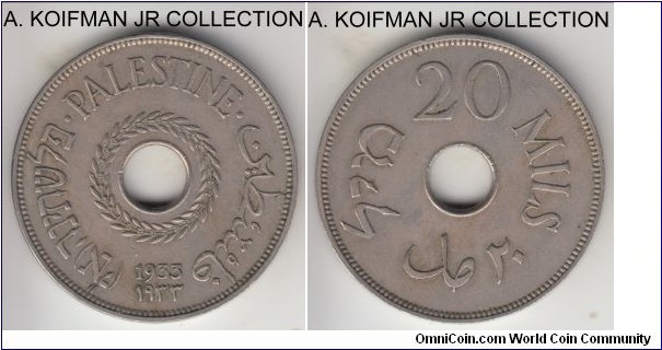 KM-5, 1933 Palestine 20 mils; copper-nickel, plain edge; British mandate period, one of the scarcer years for the type, good very fine to extra fine.