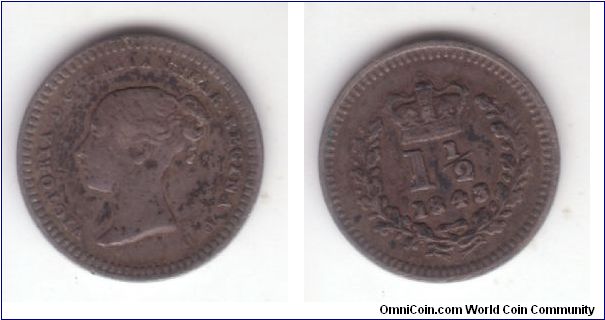 KM-728, 1843 Great Britain one and half or three half pence; unusual denomination was struck for circulation in Ceylon and Jamaica; it is hard to grade such a tiny coin with little detail but probably somewhere around fine