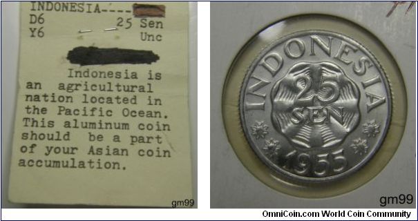This came attached to the coin, 1955, 25 Sen, Reverse