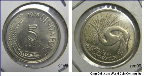 5 Cents (Copper-Nickel) Obverse;Sprigs to left of value,
date SINGAPORE 5 CENTS
Reverse; Great White Egret,
 No legend