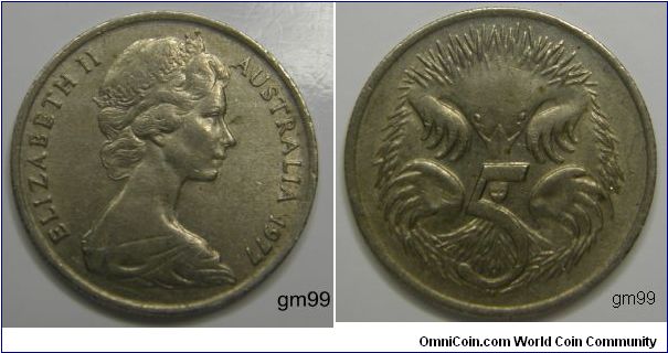 5 Cents (Copper-Nickel) Obverse; Crowned head of Queen Elizabeth II right,
ELIZABETH II AUSTRALIA date
Reverse; Short-beaked Spiny Ant-eater facing,
 5