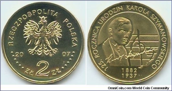 Poland, 2 zlote 2007.
125th Anniversary of Karol Szymanowski's Birth.